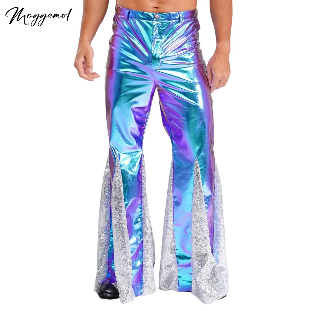 Mens Shiny Metallic 70s Disco Pants Hippie Vintage Costume Dance Rave Nightclub Sequins Bell Bottoms Club Party Flared Pants
