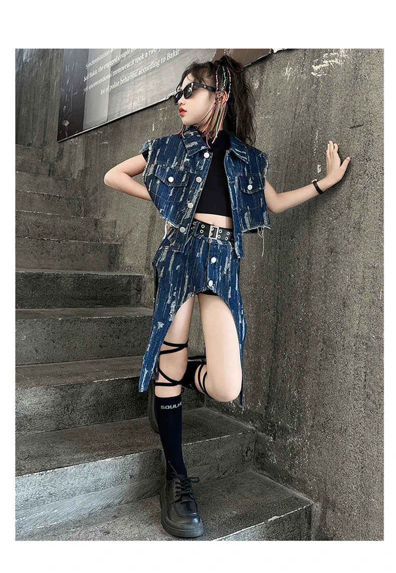 junior Girls Street Jazz Dance Set short denim vest jacket+Irregular skirt black top shorts belt teen girls clothes suit outfits