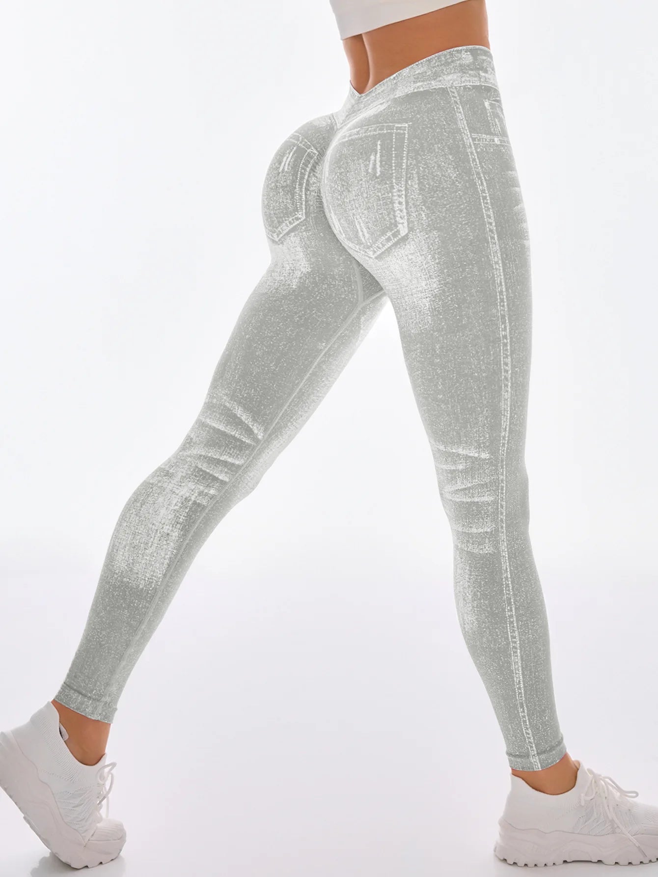 Women's Gym Printed Yoga Tight Pants Seamless High Waisted Denim-like Perforated Fake Pocket Tight Pants Yoga Fitness Leggings