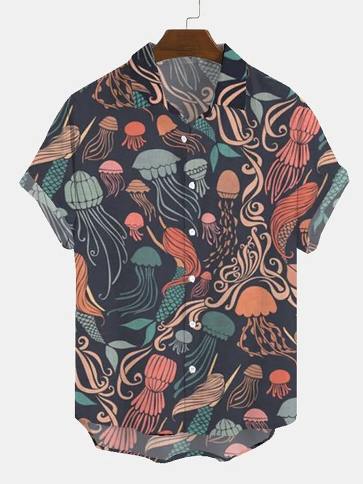 Fashion Men's Casual Sea Life Graphic Short Sleeve Shirt Button Down Lapel Shirts Oversized Tops Casual Hawaiian Shirt for Man