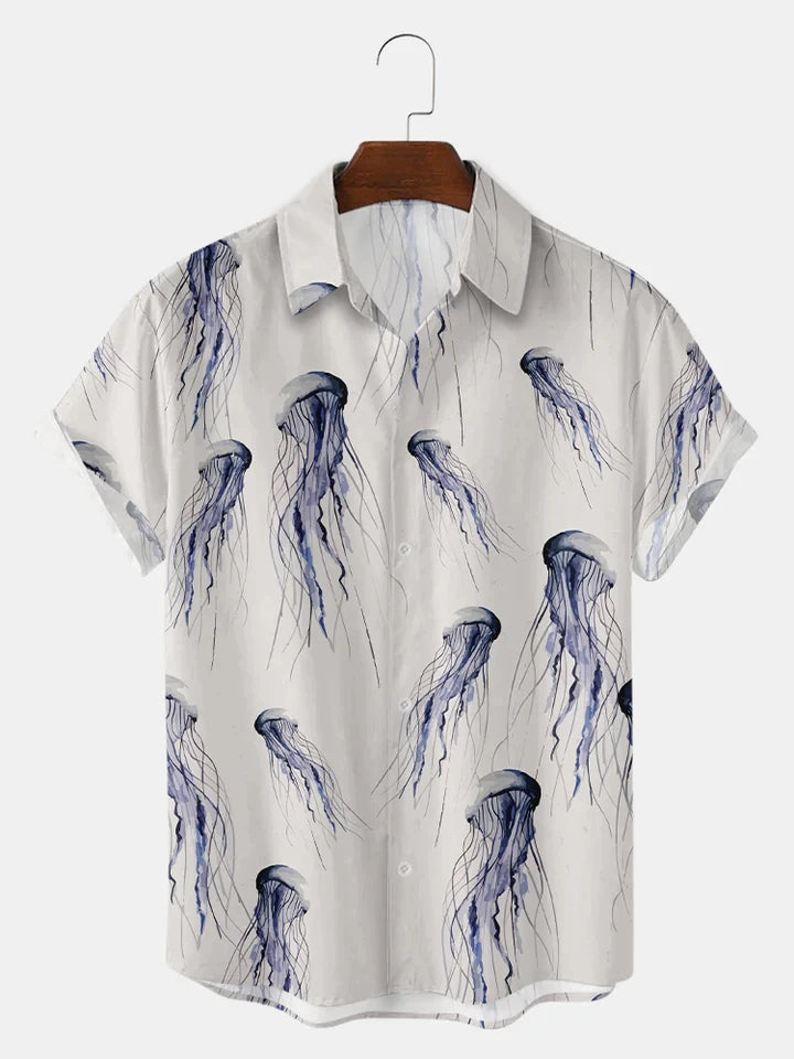 Fashion Men's Casual Sea Life Graphic Short Sleeve Shirt Button Down Lapel Shirts Oversized Tops Casual Hawaiian Shirt for Man