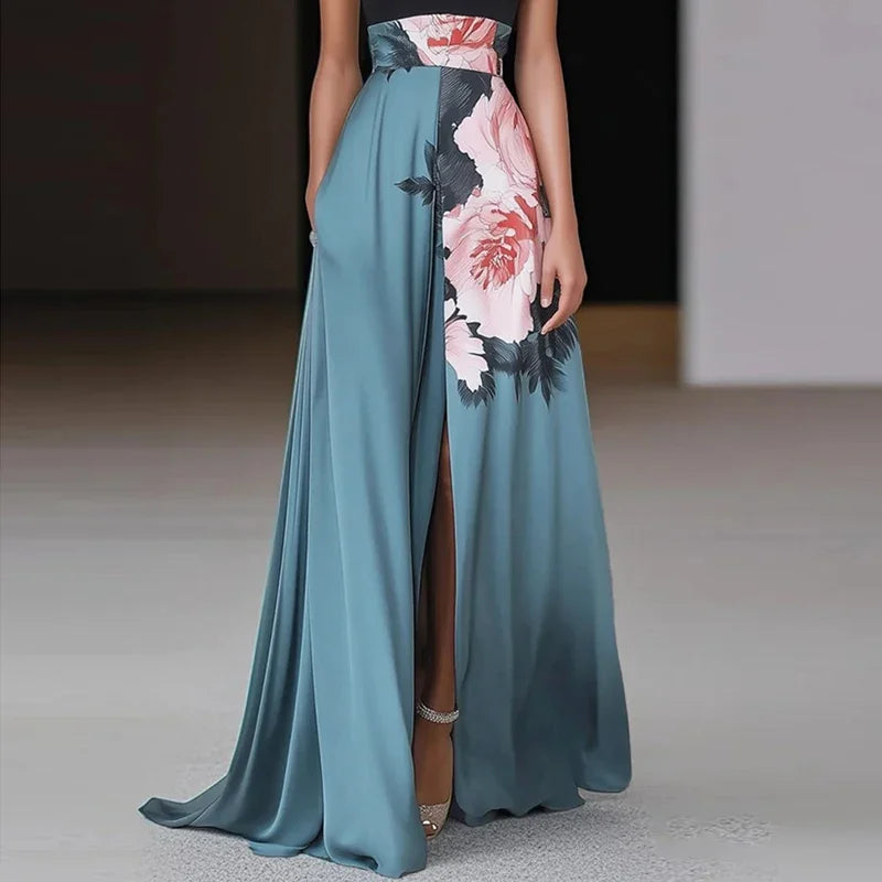 Sexy Flower Printed Split Backless Women Dresses Summer Sexy O Neck Sleeveless Robe Dress Elegant High Waist Hollow A-Line Dress