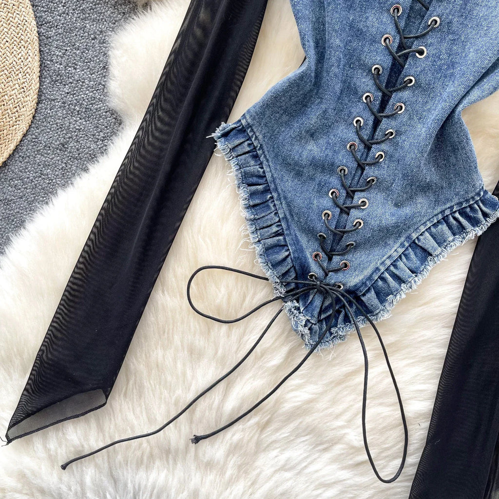 2025 New American Retro Patchwork Sexy Blouse Women Squre Neck Long Sleeves Sheer Top Streetwear Ins Lace Up Denim Shirt