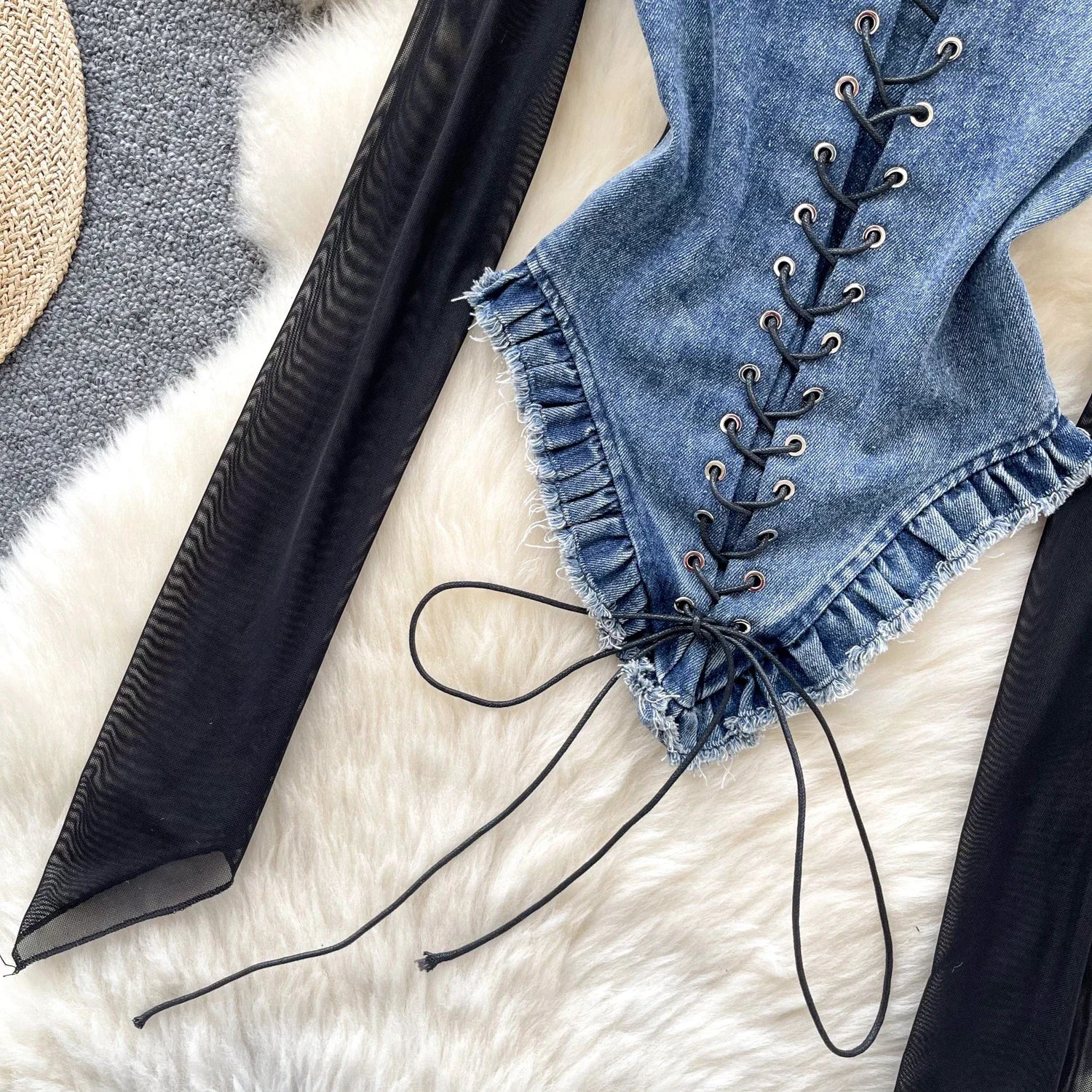 2025 New American Retro Patchwork Sexy Blouse Women Squre Neck Long Sleeves Sheer Top Streetwear Ins Lace Up Denim Shirt