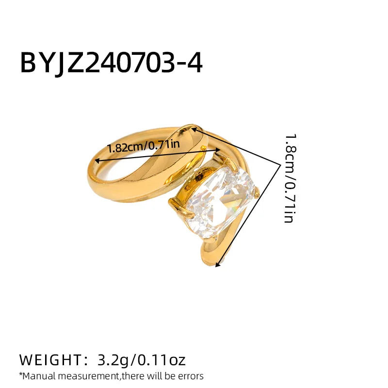 18K Gold Plated Stainless Steel Water Drop Shaped Large Zircon Opening Ring Anti Allergic Women Waterproof Statement Jewelry