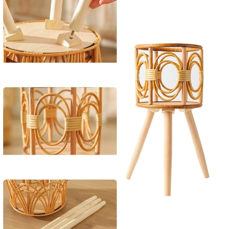 Rattan Indoor Plant Stand Straw Woven Flowers Pot Holder Stool with Legs Floor Planter Baskets Rack Wooden Plant DropShipping