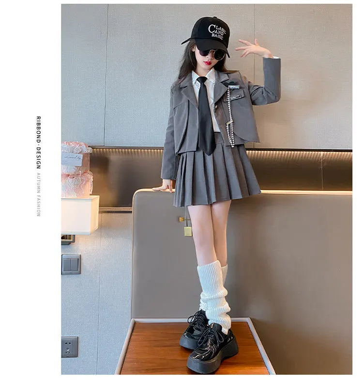 Junior Girl JK School Uniform Set Unique Formal Chain Smart Jackets and Pleated Skirt 2Pcs School Kids Child Uniform Blazer Suit