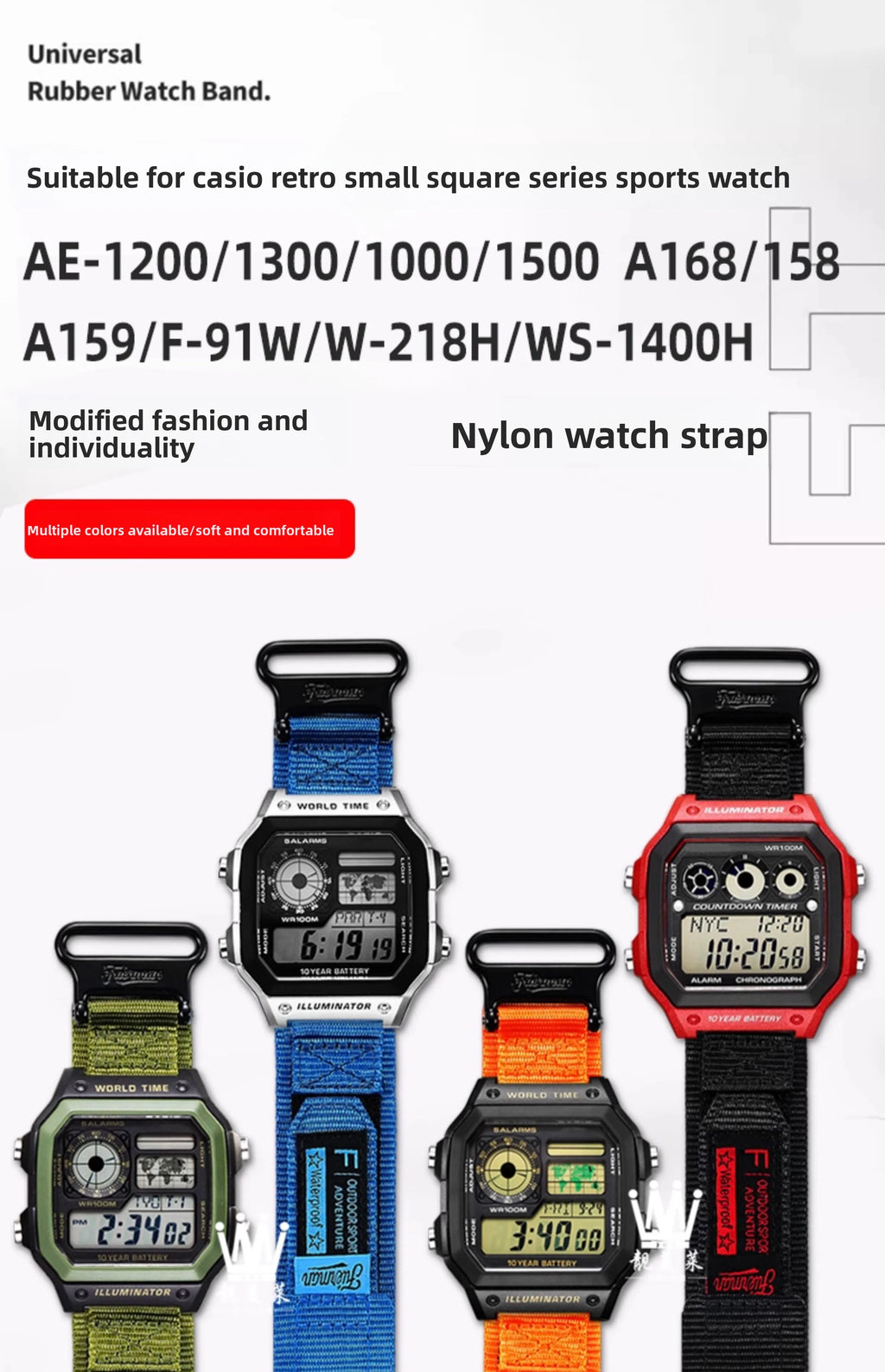 AE1200 Loop Design Nylon Canvas Strap For Casio Watches A158W/A168/W-216H/F-91/AE1300/1500/AE-1200 Outdoor Sports watchband 18mm