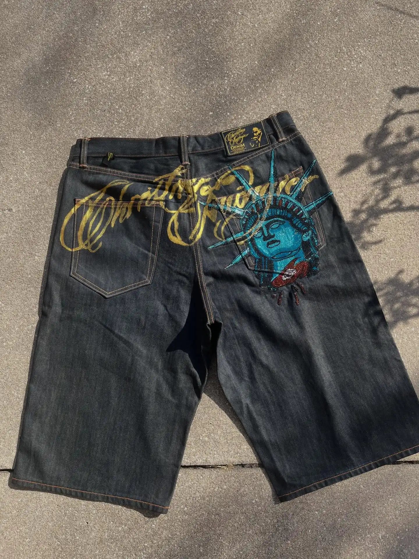Vintage Statue Liberty Sequin Rhinestone Denim Short Jeans Women Loose Retro 2000s Streetwear Denim Fitness Y2k Casual Shorts