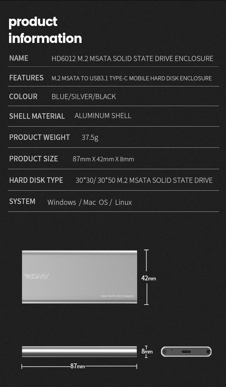 mSATA to USB 3.1 SSD Enclosure 5Gbps Aluminum Alloy mSATA Adapter Mini-SATA SSD to USB3.1 Type-C HDD Case for 1.8 inch Sata3 Box