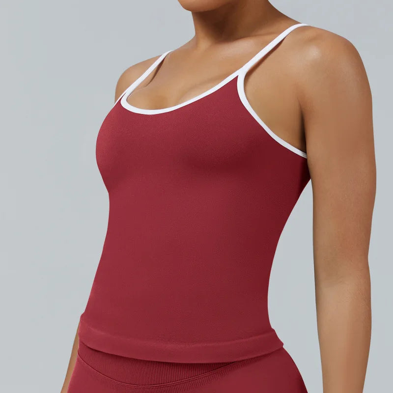 Women Color Blocking Gym Sports Short Tops Summer Yoga Fitness Sexy Backless Knit Camis with Chest Cushion Suspender
