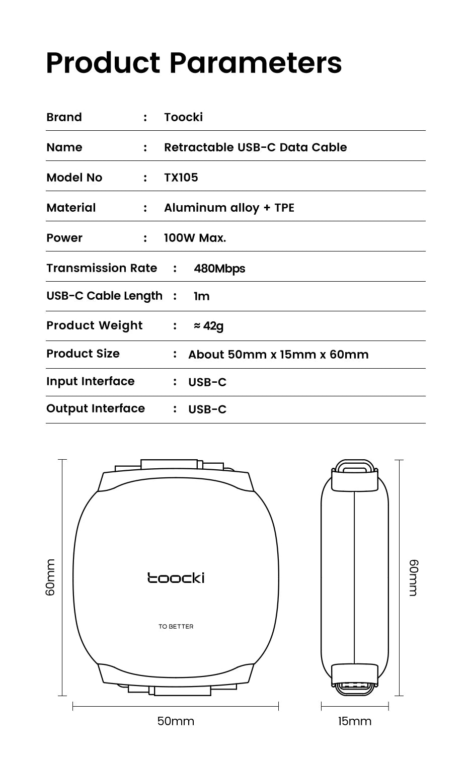 Toocki PD100W USB-C Cable Magnetic Slot Design 7 Adjustable Length 1M Retractable USB C to Type C Cable for iPhone 16 15 AirPods