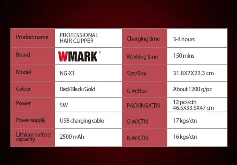 High Speed 10000RPM WMARK NG-X1  Professional Hair Clipper with Charge Base Hair Trimmer For Man Barber Haircut Machines 9V