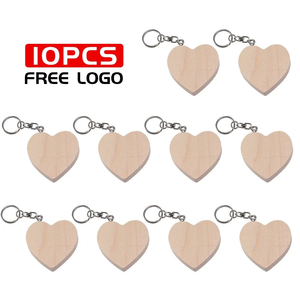 JASTER 10PCS/LOT Wooden Heart USB 2.0 Flash Drives 128GB  Free custom logo key chain Pen drive 64GB 32GB Business gift USB stick
