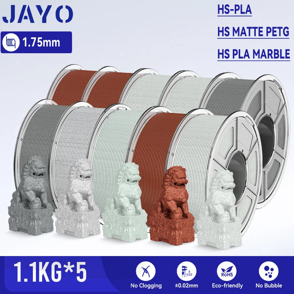 JAYO 5Rolls 3D High Speed Marble PLA/HS Matte PETG/HS PLA Filament 600mm/s High Speed 3D Printer Non-toxic Filament 1.1KG/roll