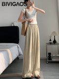 BIVIGAOS Lazy Style Loose Wide Leg Pants Women Summer Coloured Thin Casual Tide Straight Ice Silk Japanese Sunscreen Pants