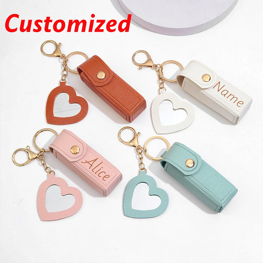 Mini Lipstick Bag Custom Text Keychain PU Leather Customized Name Bag Charm Mirror Laser Engraving Personalized Text Key Chain