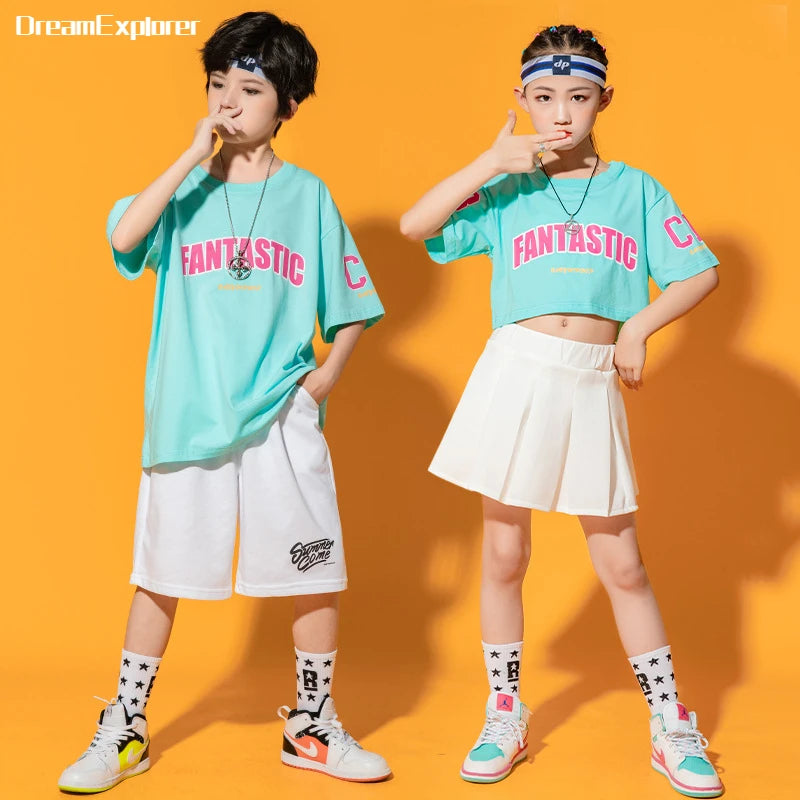 Boys Street Dance Blue T-shirt Shorts Girls Hip Hop Crop Top Skirt Outfits Kids Summer Costume Clothes Sets Children Streetwear