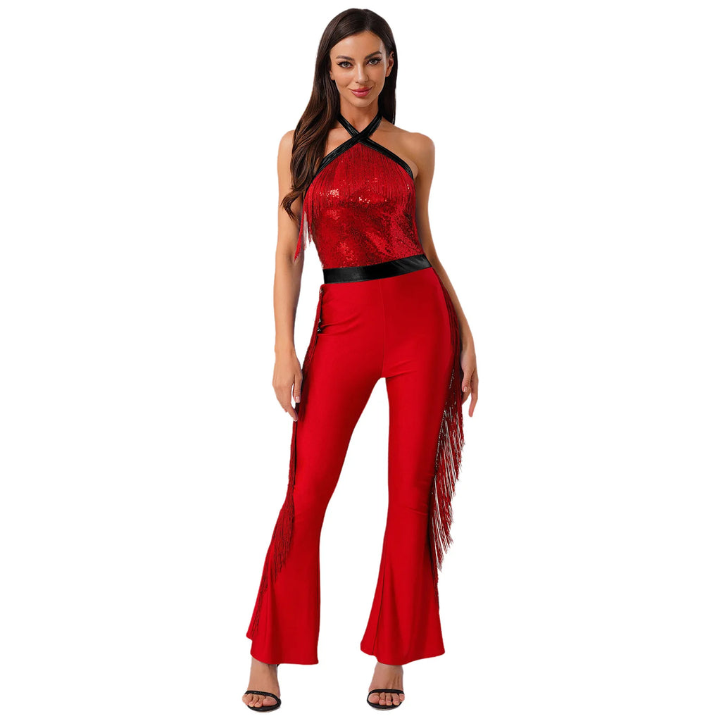 Womens 70s Disco Party Jumpsuit Halter Shiny Sequins Tassel Flared Pants Latin Jazz Dance Rompers Rave Festival Prom Clubwear