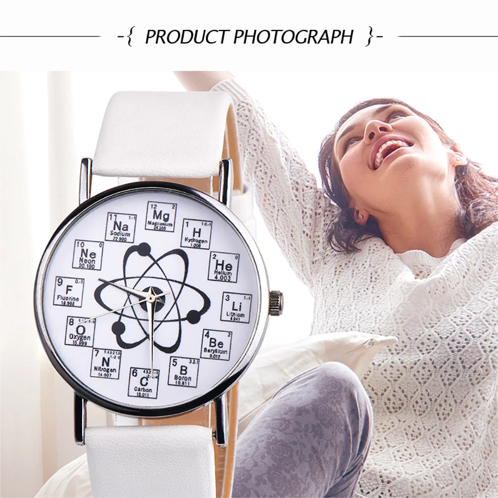 Ladies Watches Creative Design Chemical Element Markers Molecule Pattern Watches Leather Band Quartz Wristwatch Watch Women