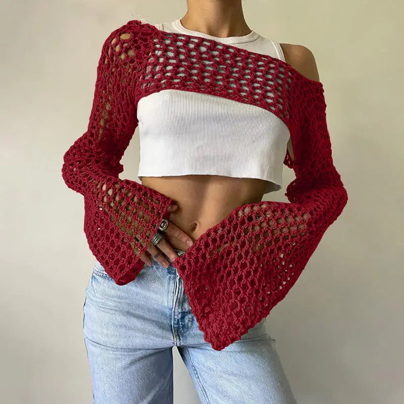 JOEVILU Cropped Knit Top Oversized Slimming Mesh Sunscreen Cover-Up Women's Thin Long Sleeve Breathable Sun Protection Blouses
