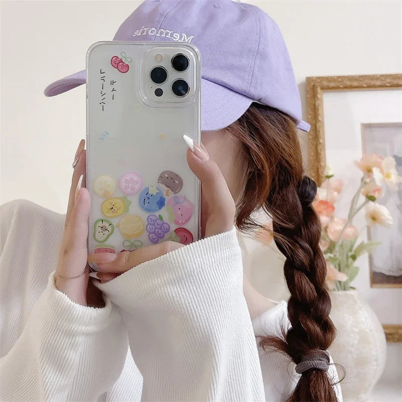 Fruit Floating Icons Quicksand Case for iPhone 16 15 Pro Max Clear Hard Plastic Protective Coque Liquid Sand Cover Phone Housing