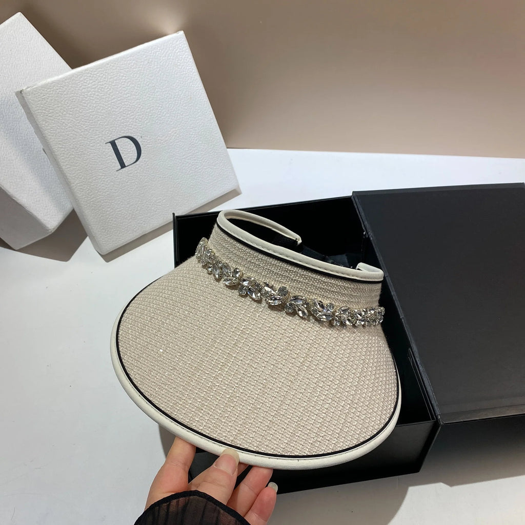 Luxury Rhinestone Empty Top Hats for Women Summer Sunshade Sun Hat Large Brim Travel Beach Sunscreen Panama Cap