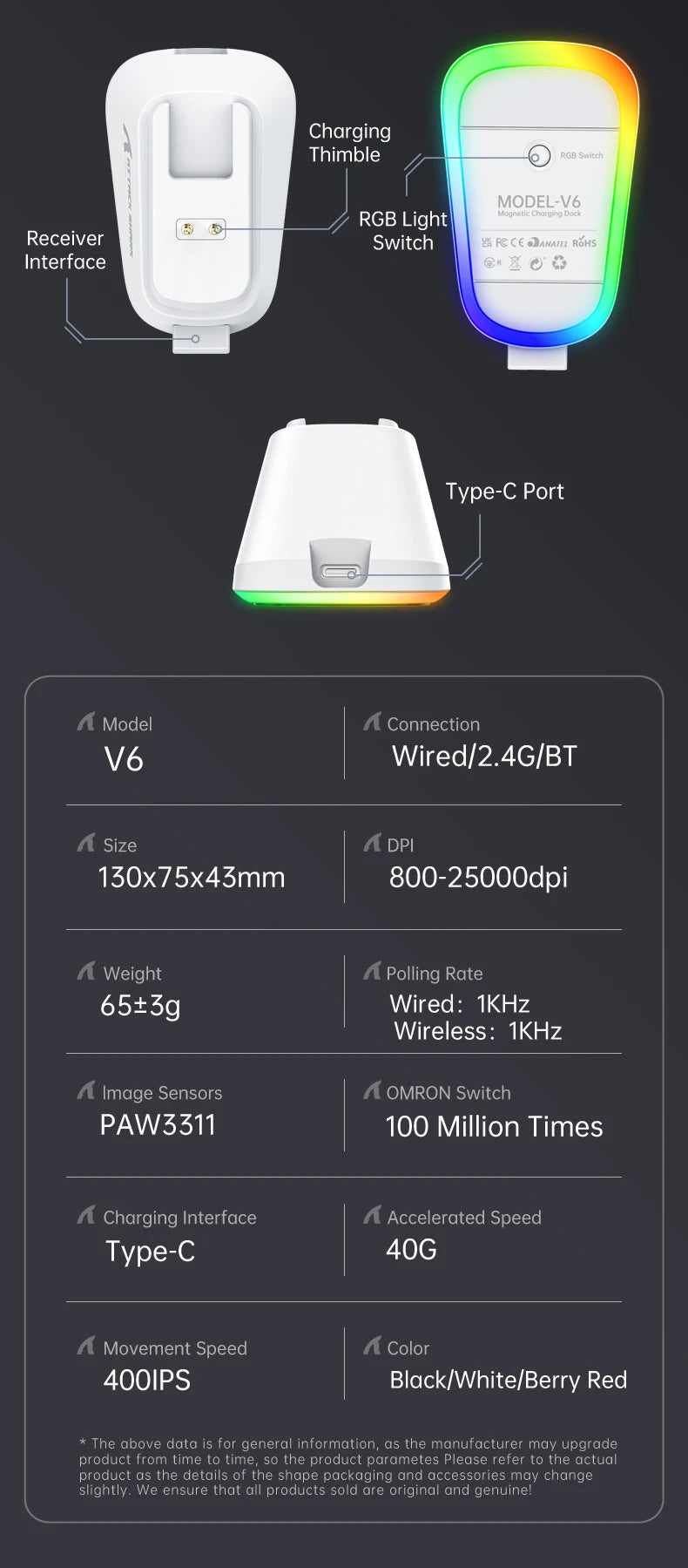 V6 ATTACK SHARK 25000DPI Wireless Mouse,Bluetooth Tri-Mode Connection,Touch Magnetic Charging Base , Macro Gaming Mouse