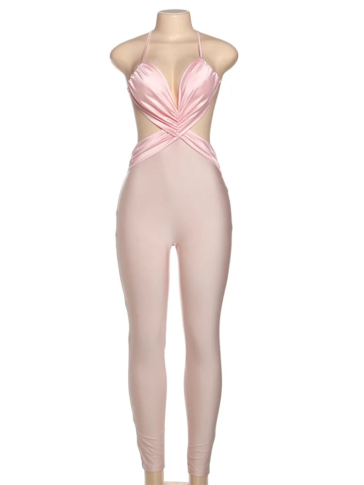 Nibber Slim Sexy Backless Jumpsuit Women Sleeveless Cross Ruched Wrap Straps Midnight Coquette Workout Activity Fitness Overalls
