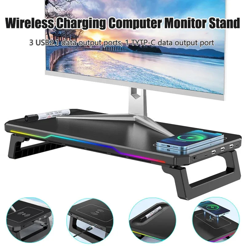 PC Monitor Stand 3 USB 2.0 Ports Keyboard Storage Space Bar Laptop Monitor Holder With RGB Light Type-C Wireless Charging