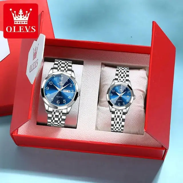 OLEVS 9970 Original Fashion Brand Quartz Couple Watch Luxury Stainless Steel Waterproof Glow Men's and Women's Gift Set Watch