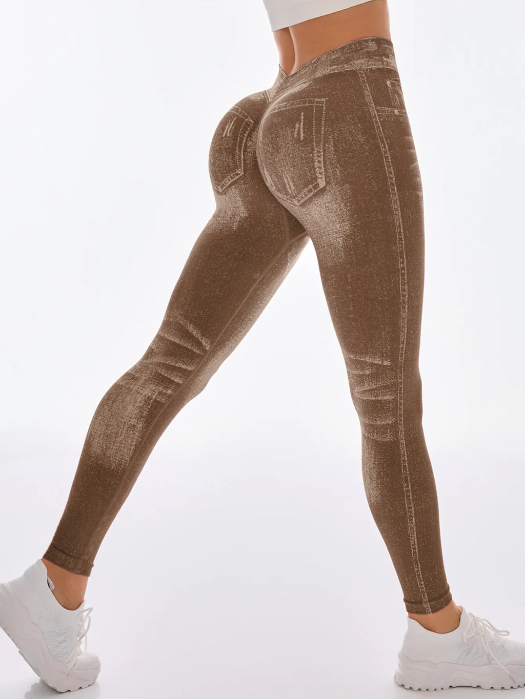 Women's Gym Printed Yoga Tight Pants Seamless High Waisted Denim-like Perforated Fake Pocket Tight Pants Yoga Fitness Leggings