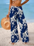 Boho Navy Floral Beach Pants Plus Size, High Waist Flowy Wide Leg Palazzo Trousers, Summer Vacation Sunscreen Resort Wear