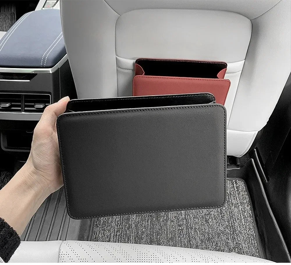 Multifunctional Car Trash Bin PU Leather Solid Color Seatback Hanging Storage Box Foldable Structure Car Door Storage Box