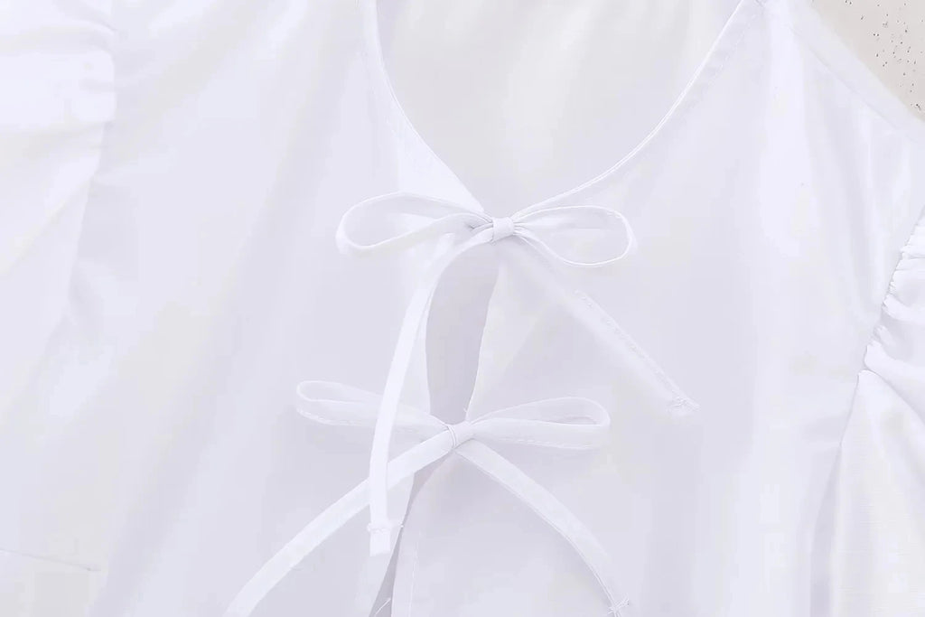 HH Women Causal O Neck Short Puff Sleeve Shirt Sweet White Bow Lace Up Tops 2024 New Fashion Chic Female Streetwear Blouse