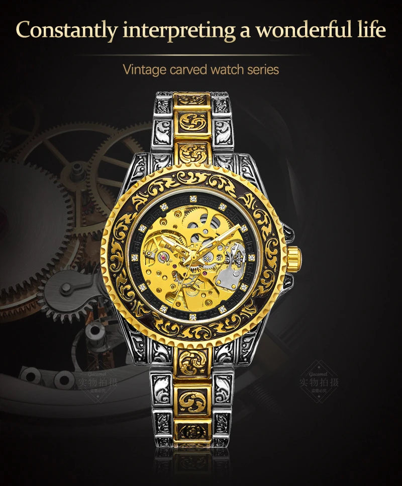 UTHAI M11 New Men watch hollowed out retro carved automatic mechanical watch cool clock gift，watches for man