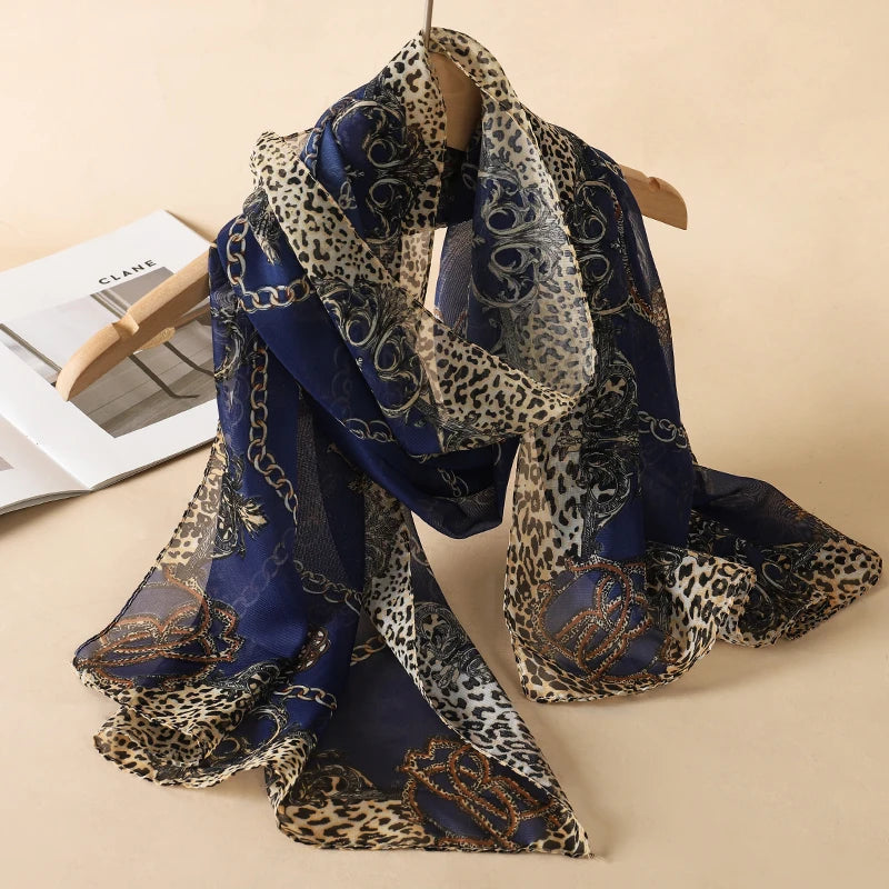 2024 New Fashion Summer Women Leopard Beach Scarf Chiffon Silk Shawls Headband Female Headband Wraps Sunscreen Hijab Wholesale