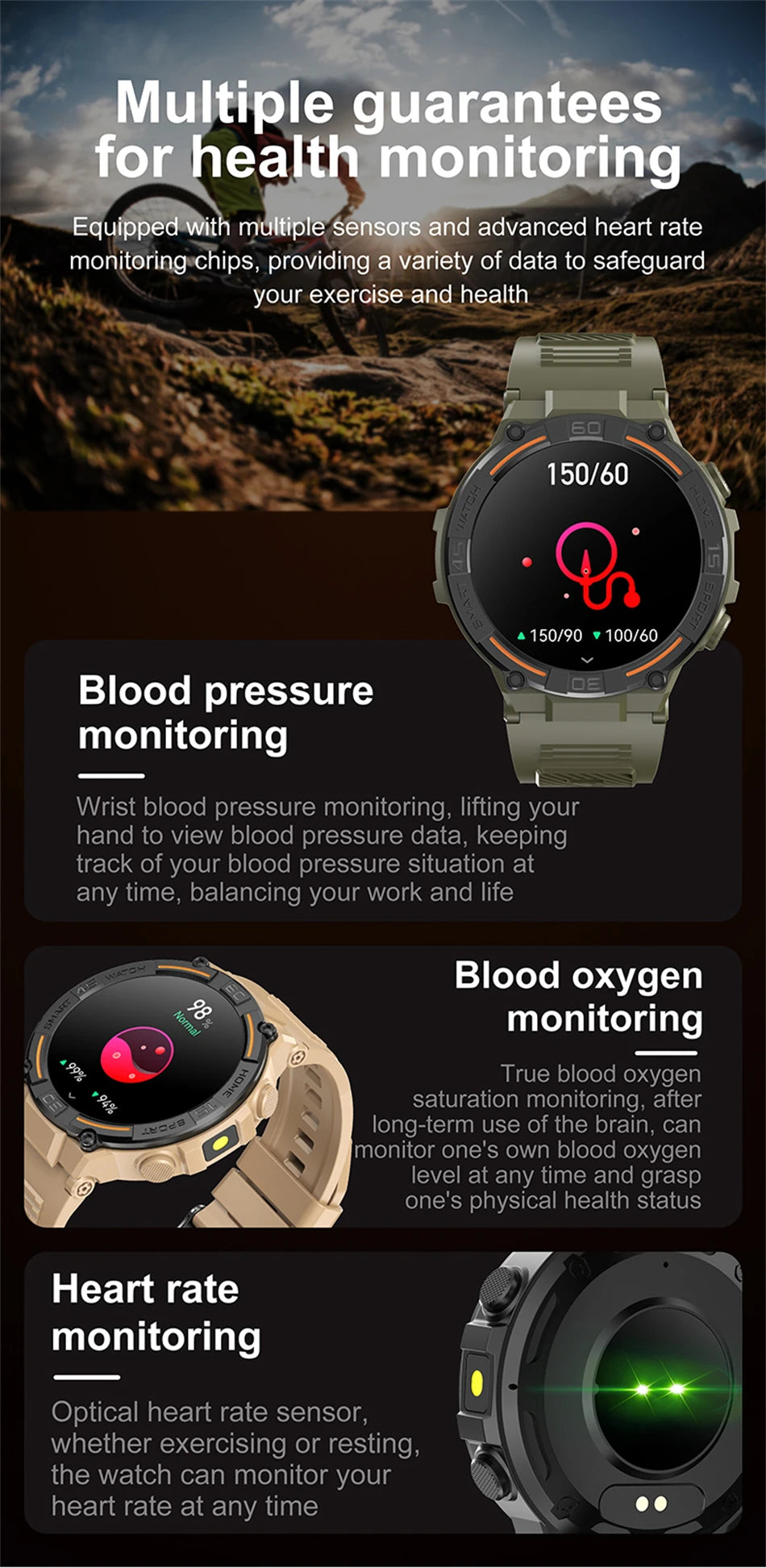 Outdoor Military Rugged Smartwatch Men GPS Sports Fitness Waterproof Watch Bluetooth Call with LED Lights Smart Watch