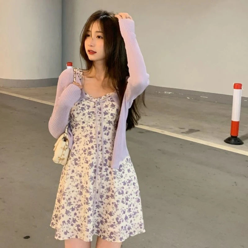 Lucyever Summer Purple Two-piece Sets Dress for Women Floral Slip Mini Dress+Sunscreen Shawl Cardigan Woman 2022 New Sundress
