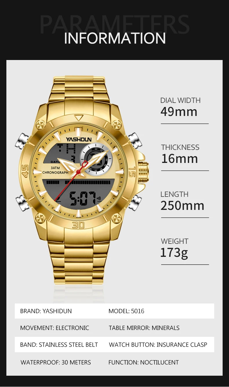 Multi-functional sports men's watch with dual movement electronic steel band luminous waterproof quartz wristwatch