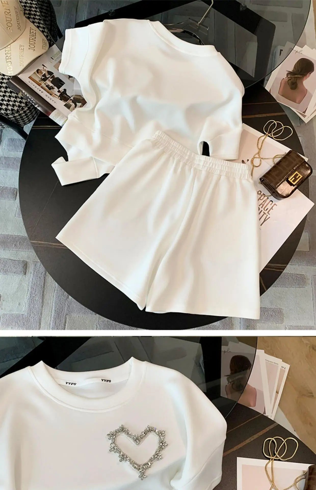 Ladies Summer Women Sexy Short Sleeve Tops T Shirt Shirts Elegant Love Beads Party Casual Shorts Pockets 2 Pieces Sets Suits