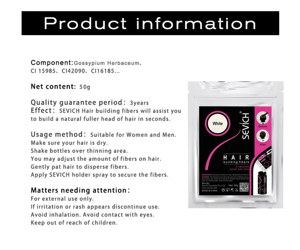 Sevich 10 Colors Hair Fiber 50g Hair Building Fiber Powder Keratin Instant Hair Growth Fiber Refill Hair Loss Hair Care Product