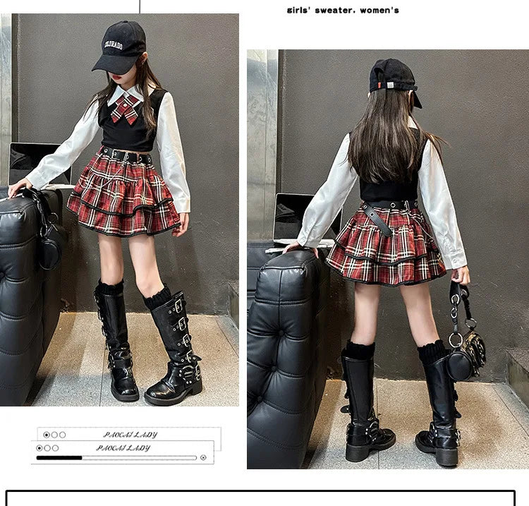 junior girls JK clothes Set Child Internet Celebrity Street Uniform suit Splicing shirt+checkered cake skirt+belt kids outfits