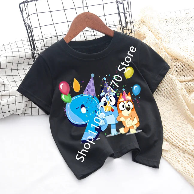 Bluey Baby Birthday T Shirt for Boys Girl Bingo Number Kids Clothes Summer Cartoon Letter Tees Shirts Toddler Short Sleeve Tops