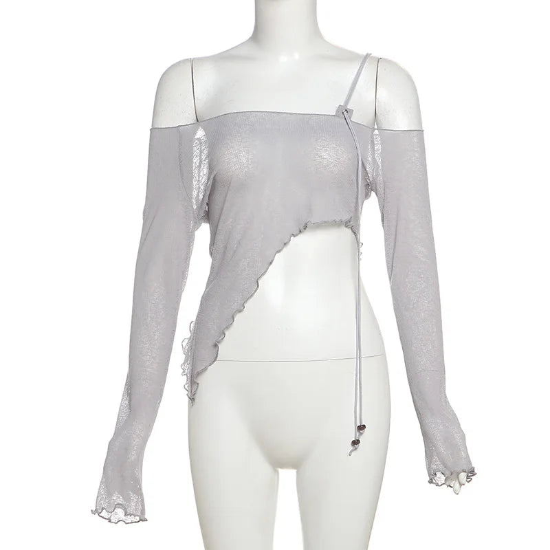 Asymmetrical T Shirts For Women Y2k Clothes Off Shoulder Sexy Streetwear Long Sleeve Crop Top Lace-up Camisetas Ropa De Mujer