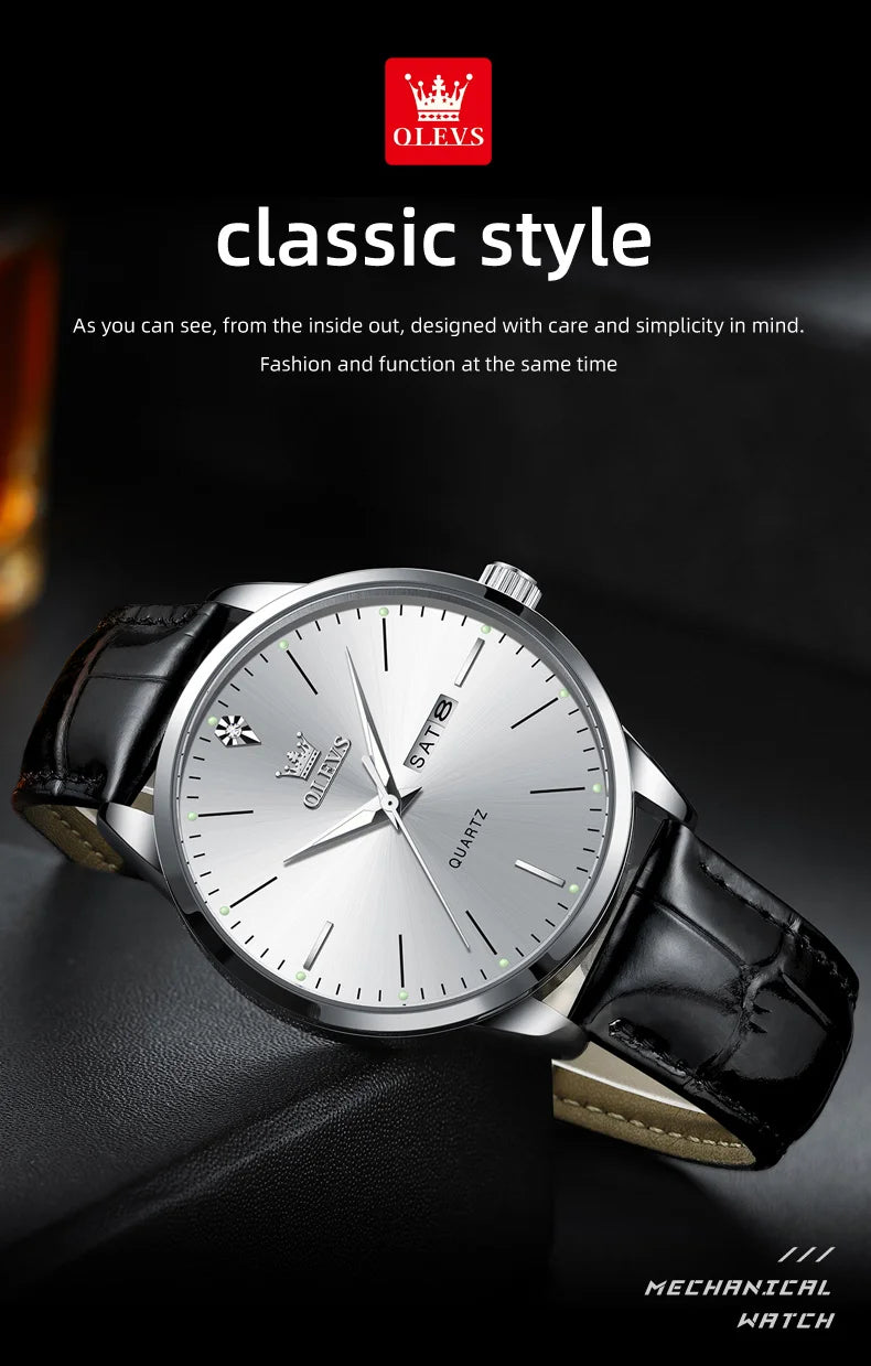 OLEVS 2935 Original Business Men Watch Leather Strap Trend Week Calendar Quartz Watch Luminous Waterproof 43mm Dial wristwatch