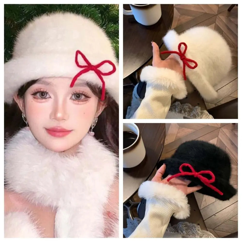 Top Hat Vintage Looking Black Bowler Hats Japanese Style Versatile Woolen Bucket Cap Plush Bow White Dome Hat Party