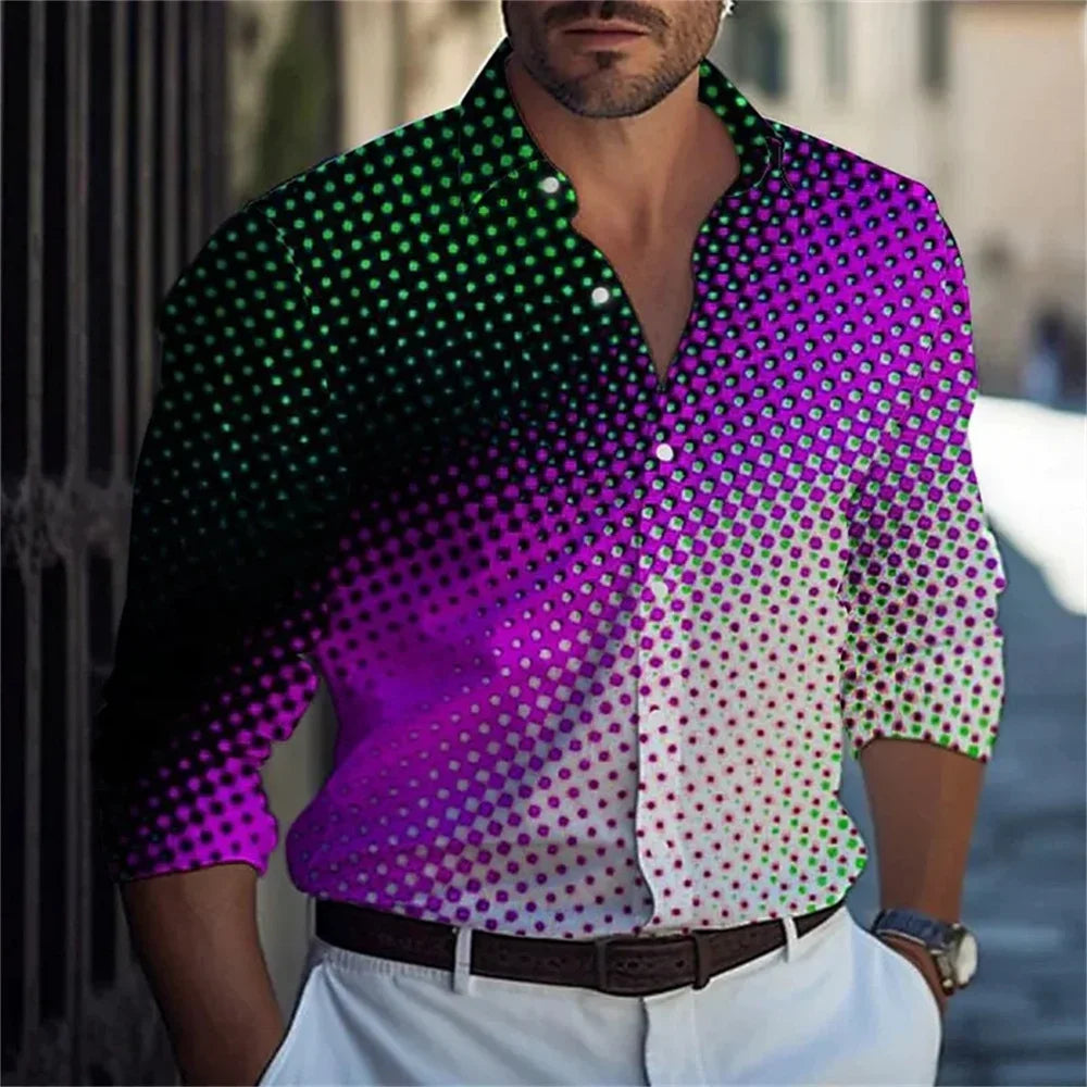 Men's long sleeved shirt striped spotted pattern 3D printed top for spring and autumn new fashion casual men's unisex clothing