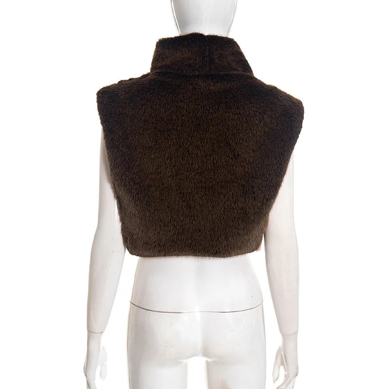 Turtleneck Furry Tank Tops Women Trend Sexy Side Split Chic Fall Trend Midnight Basic Street Furs Hipster Clubwear Vest Crop Top
