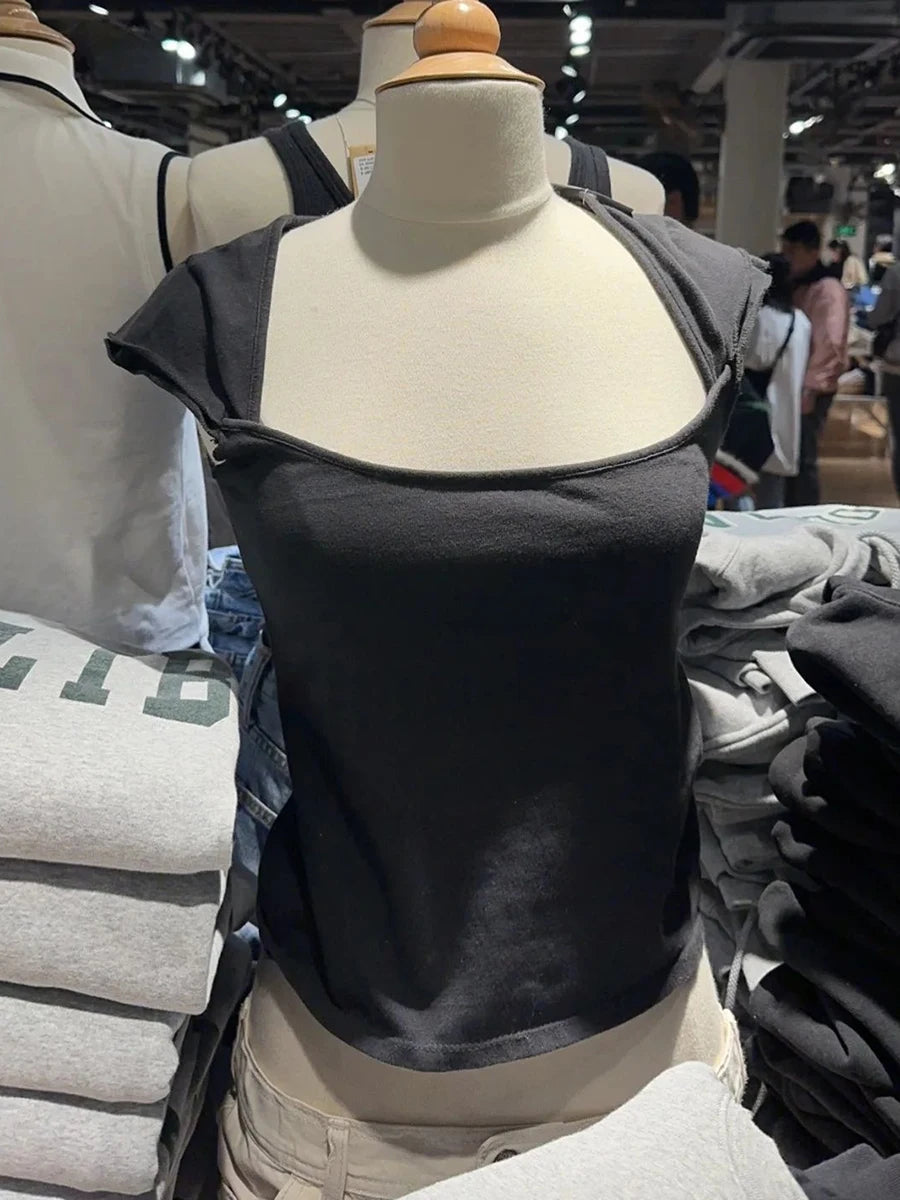 New Sweet Pink Cotton Crimping Short Sleeve Tees Women Summer Casual Simple Square Collar Crop Tops Vintage Basic Y2K T-shirts